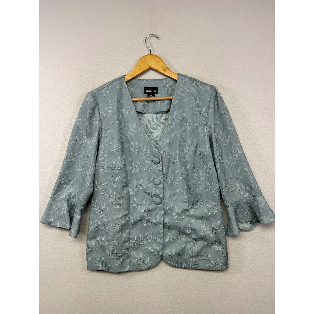 Elegant Wedding Guest Leslie Fay Womens 10P Light Blue Jacquard Ruffle Blazer